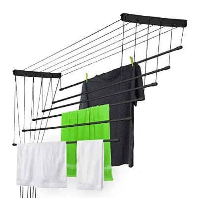 Imagen de KADAX Tendedero de Techo Acero Resistente a la Corrosión con Sistema Subida y Bajada para Interiores Exteriores (Negro, 6 x 160 cm)