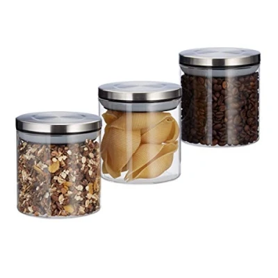 Imagen de relaxdays Botes pequeños de Cocina, Tapa Acero Inoxidable, Especieros, 380ml, 3 Uds, Transparente, Silicona