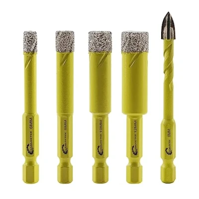 Imagen de Juego de Brocas Diamante Seco 4piezas 6/8/10/12mm Sierra Perforadora y 1pieza 6mm Taladro Carburo con Mango Hexagonal Cambio Rápido para Cerámica Porcelana Granito Mármol Cuarzo Gres SANLEETEK