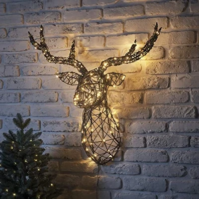 Imagen de Lights4fun 3 en 1 Harlow LED ratán cabeza de reno ciervo asta temporizador luces navideñas exterior e interior figura navideña
