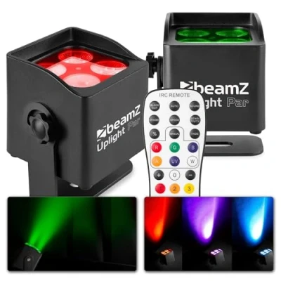 Imagen de BeamZ BBP44 Pack de 2 mini focos LED Par 4x4 vatios para exteriores, RGWB, 25 h duración la batería, IP65, iluminación escenarios, modo sonido y automático, incluye mando a distancia