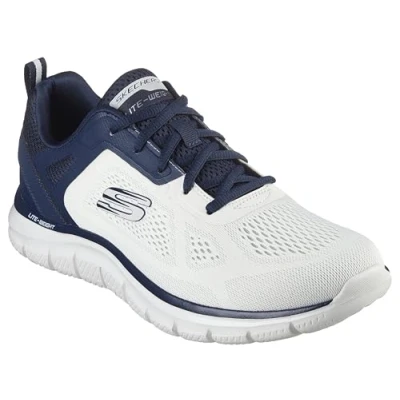 Imagen de Skechers Seguimiento Más Amplio, Zapatillas de Deporte Hombre, Malla Poliuretano Ingeniería Blanca Rota con Ribete Azul Marino, 42.5 EU