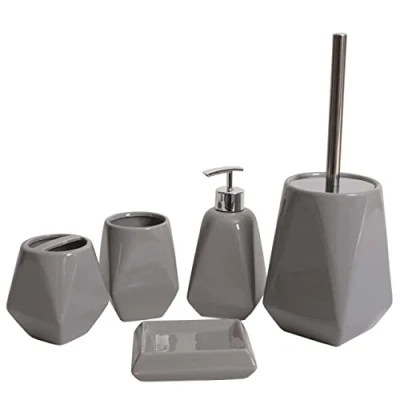Imagen de Juego de accesorios baño 5 piezas portacepillos para inodoro, dientes cerámica, color gris 04_0004840