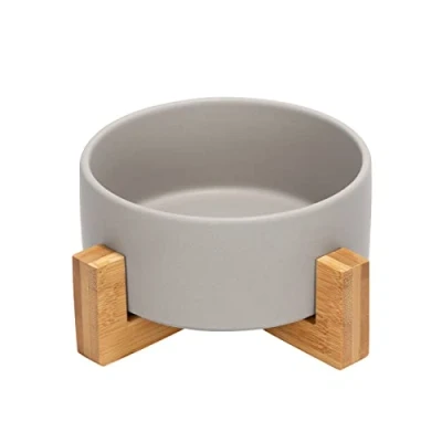 Imagen de SPUNKYJUNKY Comedero de cerámica para Perros y Gatos con Soporte bambú (850ml, Gris 1)