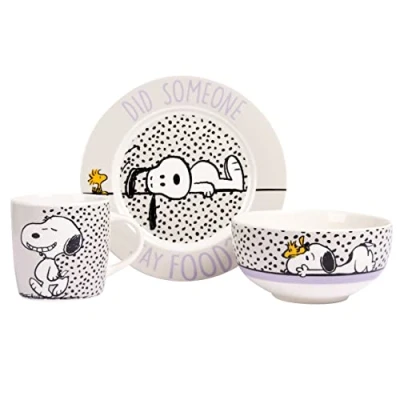 Imagen de Juego de desayuno The Peanuts Snoopy ¿Alguien dijo comida? Vajilla infantil 3 piezas plato, bol y taza porcelana Blanco