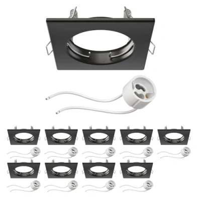 Imagen de ledscom.de 10 piezas Marco para empotrar en el techo RIR negro mate angular (LED/Halógeno/GU10/MR16/PAR16/50mm) incl. casquillo GU10