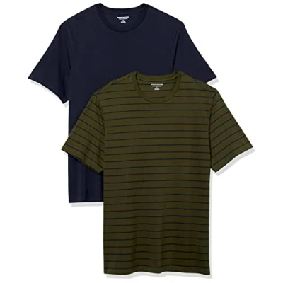 Imagen de Amazon Essentials Camiseta de Cuello Redondo Algodón, Manga Corta, Corte Clásico Hombre, Pack 2, Azul Marino/Verde Oliva Rayas, L