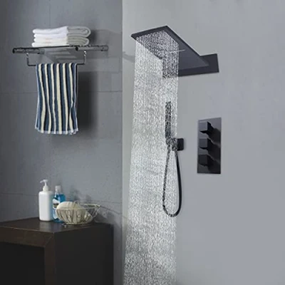 Imagen de juego de grifos ducha empotrados con termostato, sistema lluvia, cabezal ducha, grifo cascada para baño, latón, cuadrado negro