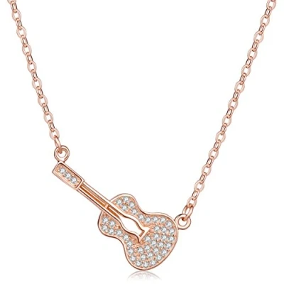 Imagen de Collares Mujer Niña, Yumilok Moda S925 Plata de Ley con Colgante Brillantes Circonitas Guitarra, Oro Rosa, Longitud Ajustable