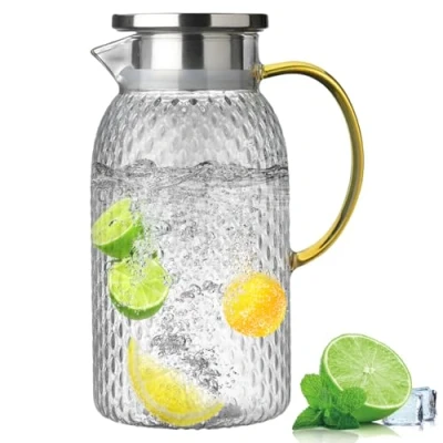 Imagen de Volumoon 1,8 Litros Jarra Agua de Cristal, Botella Transparente, Vidrio con Tapa Acero Inoxidable, para Jugo Bebidas Frías y Calientes Leche Café Tibia