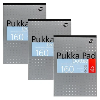 Imagen de Pukka Pad, Bloc de notas metálico A4 repuesto punteado para gráficos, arte, diario viñetas, paquete 3, 29,7 x 21 cm, cuaderno encuadernado con cinta papel 80 g/m², márgenes 4