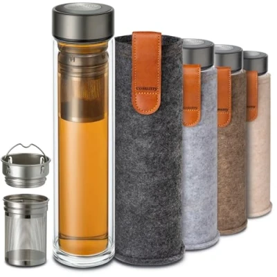 Imagen de Cosumy Botella de Té con Infusor 500 ml Vidrio Doble Pared Bolsa Fieltro Resistente al Calor A Prueba Fugas Apta para Lavavajillas (Antracita)