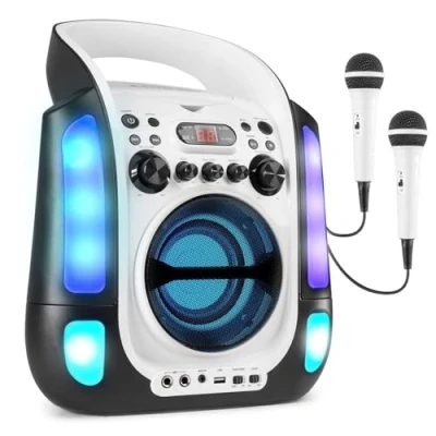 Imagen de FENTON SBS30 Sistema de Karaoke portátil con 2 micrófonos Blanco, función Bluetooth y Efectos luz LED, Reproductor CD + G, Noche Karaoke, Ideal para Cantar Amigos