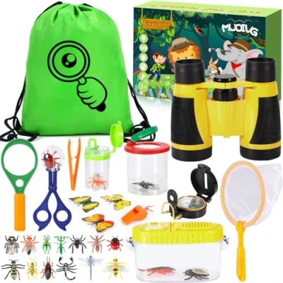 Imagen de MUOIVG Kit de Exploración para Niños 23 en 1, Juego Explorador Niños, prismáticos, Silbato, Brújula, Lupa, 12 Arañas Plasticas, Aire Libre Juguetes, Regalo Cumpleaños 3 años