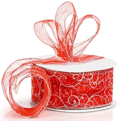 Imagen de BELLE VOUS Cinta Roja Navidad de Organza Rollo 46 m Largo, 60 mm Ancho con Alambre para Envolver Regalos, Manualidades, el árbol Decorar en Fiestas