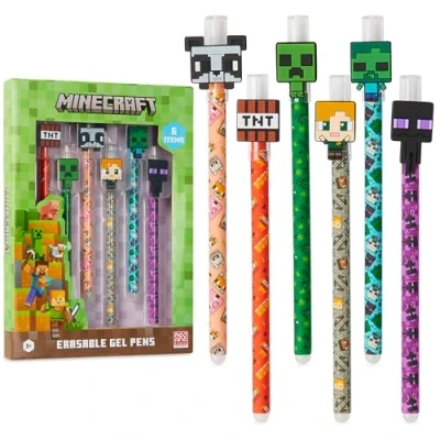 Imagen de Minecraft Set de Bolígrafos Borrables Gel, Colores con Gomas, Pack 6, Material Escolar