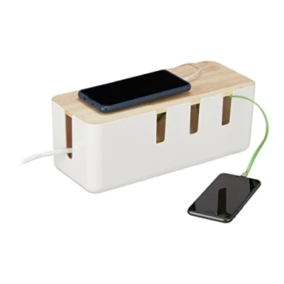 Imagen de Relaxdays Caja de Cables, para 2 regletas enchufes, Tapa Madera, plástico, ocultacables, 11,5x30,5x12,5 cm, Blanco