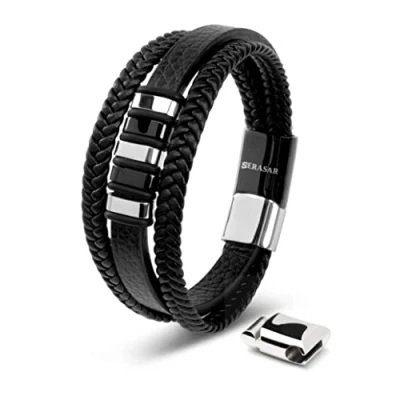 Imagen de SERASAR Pulsera España Hombre Plata 17cm de Cuero Plateado Chico Pulseras Hombres Brazalete Pulso Muñequera Bisuteria Bisutería Joyeria Nudos Cuerda Cuerdas Bracelet Jewellery Ancha