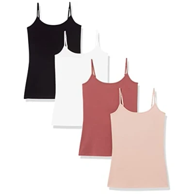 Imagen de Amazon Essentials Camisola de Ajuste Entallado Mujer, Pack 4, Blanco/Negro/Rojo Ladrillo/Rosa Viejo, S