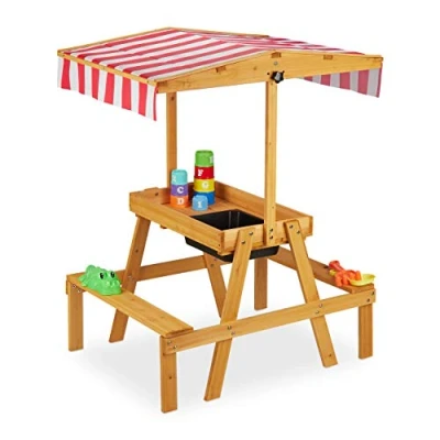 Imagen de Relaxdays Mesa Pícnic Infantil con Sombrilla, 2 Bancos, para Pila Jegos Arena y Agua, Madera, 110 x 65 83 cm, Natural