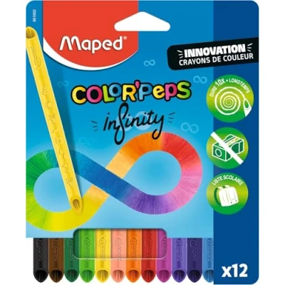 Imagen de Maped Color&#039;Peps Infinity lápices de colores (100% mina, 100% utilizable, cero residuos, sin talla, dura mucho tiempo, forma triangular ergonómica, bolsa 12