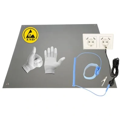 Imagen de Minadax 60 x 50cm Alfombra antiestática ESD para ordenador incluye manguito + 2,4m de extensión guantes L