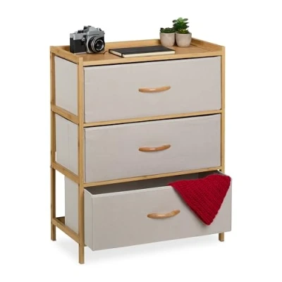 Imagen de Relaxdays Cómoda de Bambú, 3 Cajones Tela, Cajonera Salón, Dormitorio, 73 x 57,5 30 cm, Beige y Natural, Poliéster