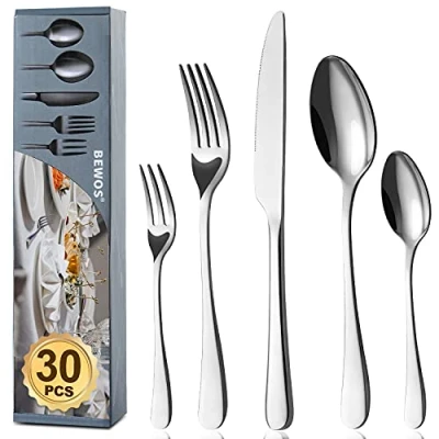 Imagen de BEWOS juego de cubiertos para 6 personas, 30 piezas que incluye cuchillo, tenedor, cuchara, cubiertos, acero inoxidable pulido espejo, apto lavavajillas
