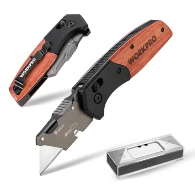 Imagen de WORKPRO Cúter Plegable con Mango Madera, Cuchillo de Cambio Rápido, Cortador Clip para Cinturón, 10 Cuchillas Respuesto SK5