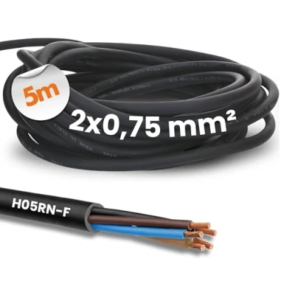Imagen de Kalitec H07RN F cable de goma para exteriores (5 m, 2 x 0,75 mm², sin conductor protección exteriores, eléctrico color negro, flexible, resistente a los rayos UV y al aceite, cable, 10155611 5