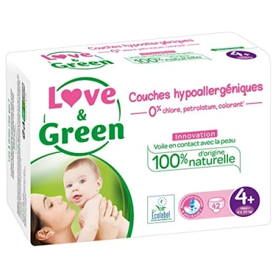Imagen de Love &amp; Green Pañales Saludables y Ecológicos para Bebés Talla 4+ (9 20 kg) Pack de 1 Mes (168 Pañales) Absorbentes, anti fugas sin ingredientes indeseables