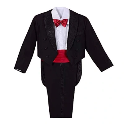 Imagen de Lito Angels Traje de Esmoquin Negro para Bebé Niño, Conjunto 5 Piezas con Chaqueta Blazer, Camisa, Fajín, Pajarita Roja y Pantalón, Talla 2 años