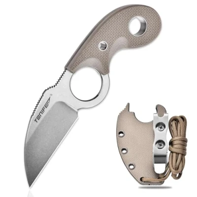 Imagen de TONIFE Crescent Cuchillo de Cuello al Aire Libre Hoja Fija 8Cr14MoV Acero con Funda Cordón y el Clip Full Tang Supervivencia (Arena Cálida+Lavado a la piedra)