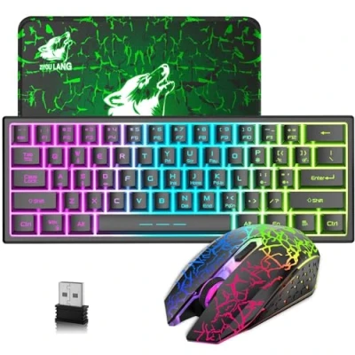 Imagen de LexonElec T61 60% Compact Teclado Y Raton Gaming Inalámbrico USB Wireless Keyboard Retroiluminado Pequeño Ergonomico 3800mAh RGB QWERTY + 2400 dpi Rainwbow Mouse Accessories para PC Mac