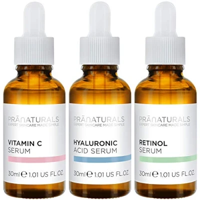 Imagen de PraNaturals Kit de Sérums Faciales 3x30ml Ácido Hialurónico, Retinol y Vitamina C Borra las Líneas Finas Arrugas, Enriquecido con Aceites Vitaminas Naturales