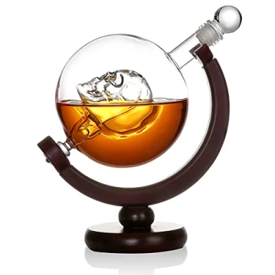 Imagen de Globo Skull Decantador 850 ml Hecho a mano Jarra redonda de cristal Incluye soporte madera Hombres Decoración Bar Scotch, Whisky, Bourbon Regalo cumpleaños