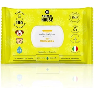 Imagen de Animal House toallitas de manzanilla, 100 Unidades Naturales hidratantes y calmantes, biodegradables e hipoalergénicas, para la Limpieza Diaria Perros Gatos