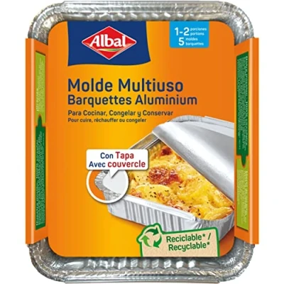Imagen de Albal 204080 Moldes de Aluminio 0,5 litros, 14 x 13 6,5 Centímetros con Tapa, Desechables, Multiusos para Asar, Congelar y Conservar,1 2 Porciones, Paquete 5 Unidades