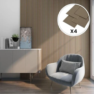 Imagen de NEU.HOLZ Set de 4x Paneles Pared Acústicos Revestimiento Paredes Listones Decorativos en MDF y Fieltro 120 x 60 2 cm (2,88 m²) Nogal Claro