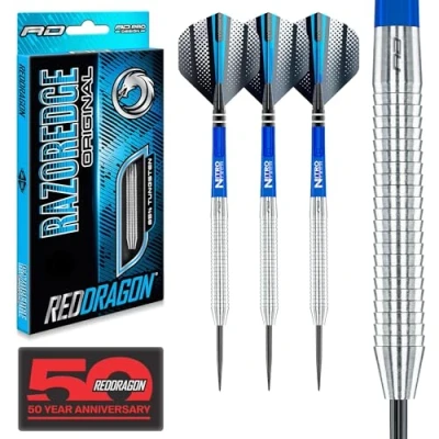 Imagen de RED DRAGON Razor Edge Original: 20g 85% Dardos de Acero con Plumas, Eje Dardos, Billetera Gratis naipe