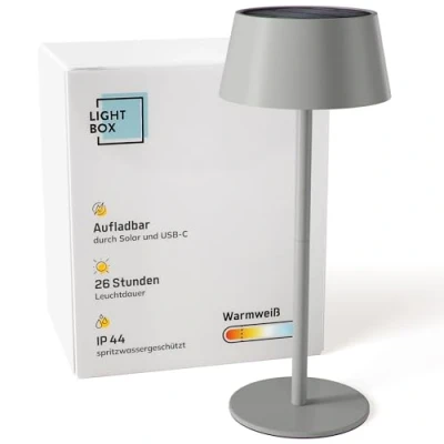 Imagen de Lightbox LED Außen Tischlampe Ø 13 cm kabellose Outdoor Lampe mit Solar 3 Stufen Touch Dimmer Akku betriebene Tischleuchte (4 W, 300 lm, 3000 K) aus Metall/Kunststoff in Grau Balkon Deko