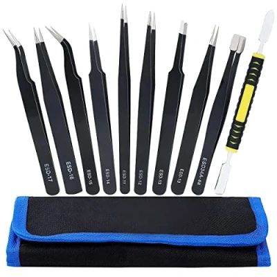Imagen de Pinzas de Precisión Kit, 10Pcs ESD Anti estática Acero Inoxidable Industriales para Electrónica, Joyería, Trabajo Laboratorio, Artesanía