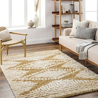 Imagen de Surya Kalba Shaggy Rug Alfombra Salon Grande Habitacion, Dormitorio Pelo Largo Berber Abstracta, Grueso y Esponjoso de 160x220cm, Blanco, Beige Claro