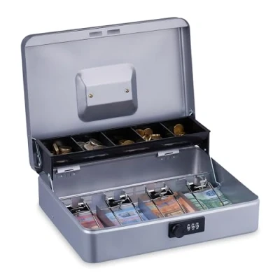 Imagen de Relaxdays Caja Dinero, Combinación 3 Números, Bandeja para Monedas y 4 Espacios Billetes, Efectivo, Plateado, 8,5 x 30,5 24,5 cm