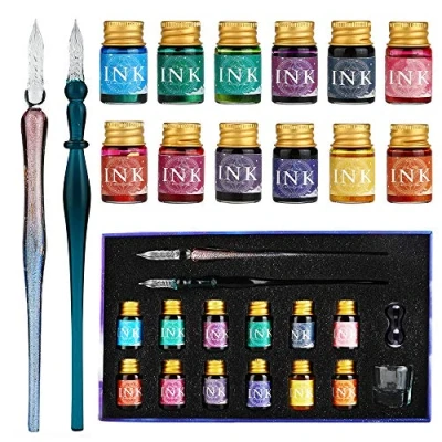Imagen de GC pluma de Cristal 2 bolígrafos 12 tintas multicolores 1 portalápices taza limpieza para firmas, caligrafía, escritura, decoración, regalo 16