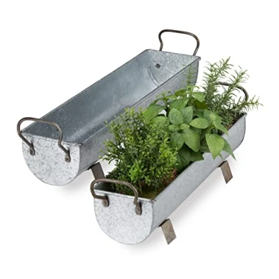 Imagen de Relaxdays Jardineras Exterior Vintage, Set de 2 Unidades, Maceteros para Plantas, Hierro, 53 y 61 cm Largo, Plateado