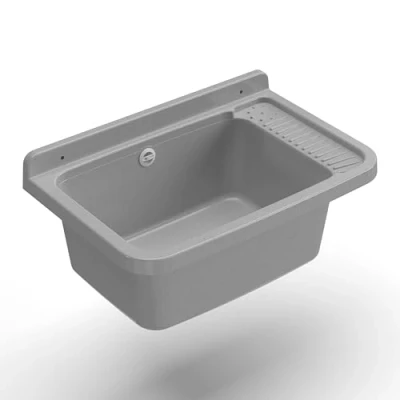 Imagen de Adventa Bañera de Resina Polipropileno, fijación a la Pared, con sifón y desagüe, Resistente los ácidos Uso común, lavadero, Garaje, Exterior, Gris Cemento, 60L x 40P 25H cm