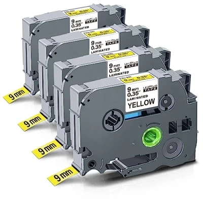 Imagen de UniPlus 4x Compartido TZ 621 9mm Ptouch Label Tape Reemplazo para Brother TZe621 Tze Negro sobre Amarillo, Cassette PT H100LB P300BT 1010 GL H105 H100R PTH107B