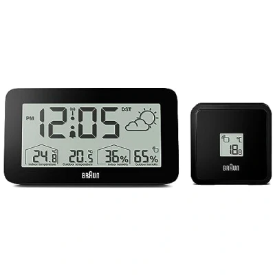 Imagen de Estación meteorológica y reloj digital controlado por radio Braun para la zona horaria de Europa Central (DCF) con temperatura humedad, pronóstico del tiempo, pantalla LCD, negro, modelo BC13BP DCF.