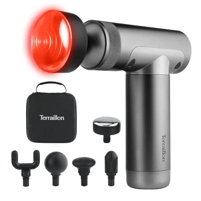 Imagen de TERRAILLON MUSCLE MASSAGER Pistola de masaje muscular, 3 velocidades 1800 3200 RPM, Alivia y relaja los músculos, 5 puntas silicona, 1 calentador 2 niveles, USB C, funda incluida
